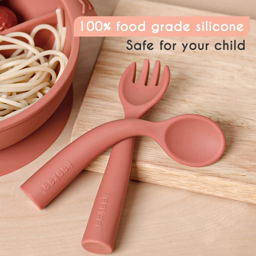 Haakaa Silicone Toddler Utensils Bendy Spoon and Fork with A Handy Storage Case for Baby Self-Feeding Training Made of Food Grade Silicone Rust